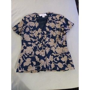 Rena Rowan for Saville womens unstructured 4 button  blazer top floral blue tan